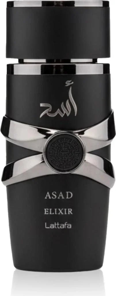 Luxusparfum Asad Elixir von Lattafa in elegantem schwarzem Flakon mit silbernen Akzenten