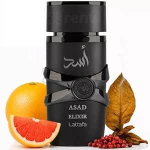 Schwarzer Flakon Parfum Asad Elixir mit Grapefruit, Pfeffer und Tabakblatt, luxuriöser Herrenduft