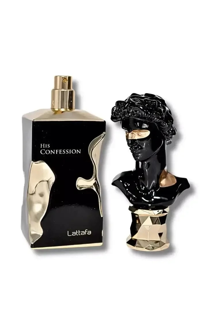 Luxus Parfumflakon in Schwarz und Gold mit His Confession Aufschrift und dekorativem Deckel