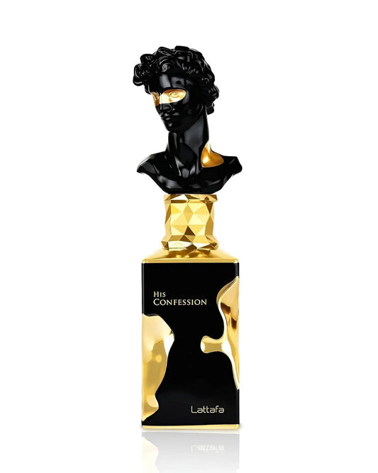 Luxusparfumflakon in Schwarz und Gold mit Büsten-Design, Aufschrift His Confession, edel