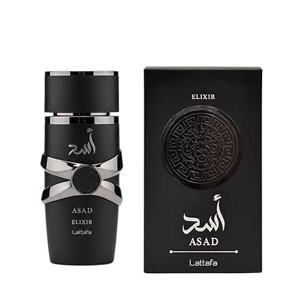 Edles Lattafa Asad Elixir Herrenparfum in schwarzem Flakon mit passender Verpackung