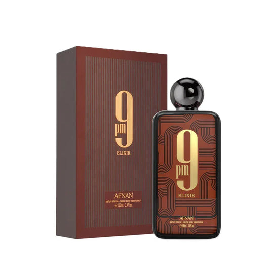 Luxus Herrenduft 9PM Elixir von Afnan, brauner Flakon neben passender Parfumverpackung