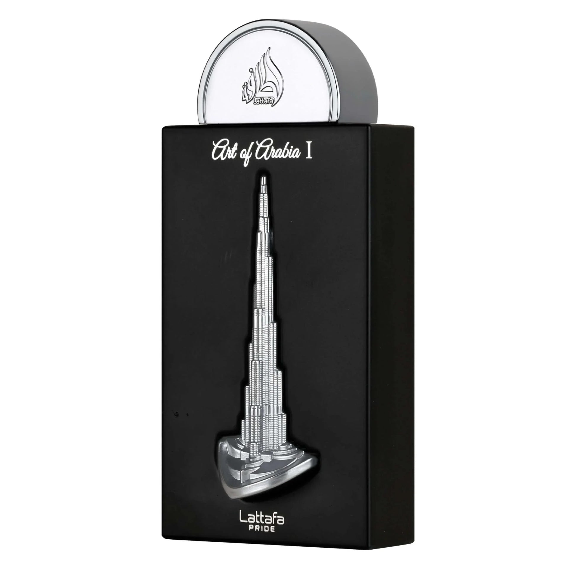 Schwarzer Parfumflakon mit silbernem Burj Khalifa Relief und Aufschrift Art of Arabia I