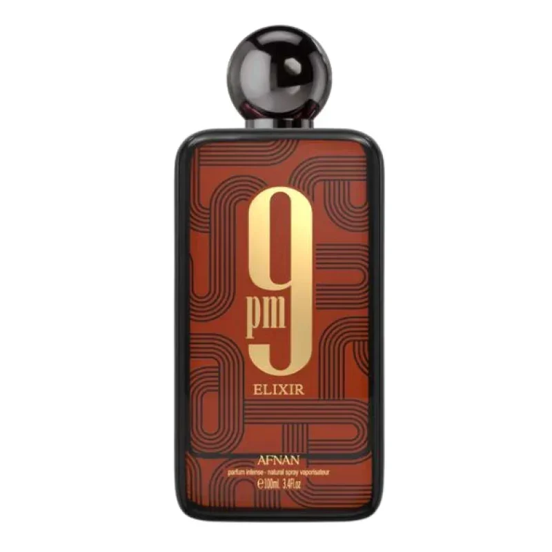 Afnan 9PM Elixir Parfumflakon, schwarzer Flakon mit goldener Schrift, luxuriöses Design