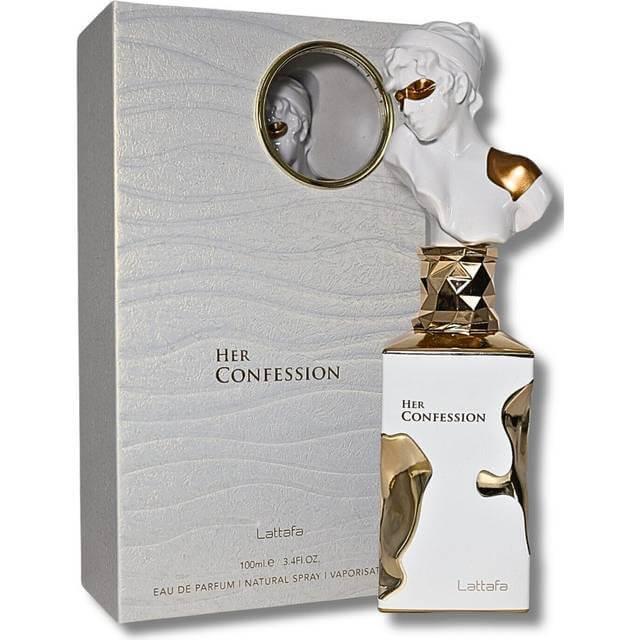 Edles Parfüm Her Confession 100ml mit gold-weißer Skulpturflasche vor Verpackung
