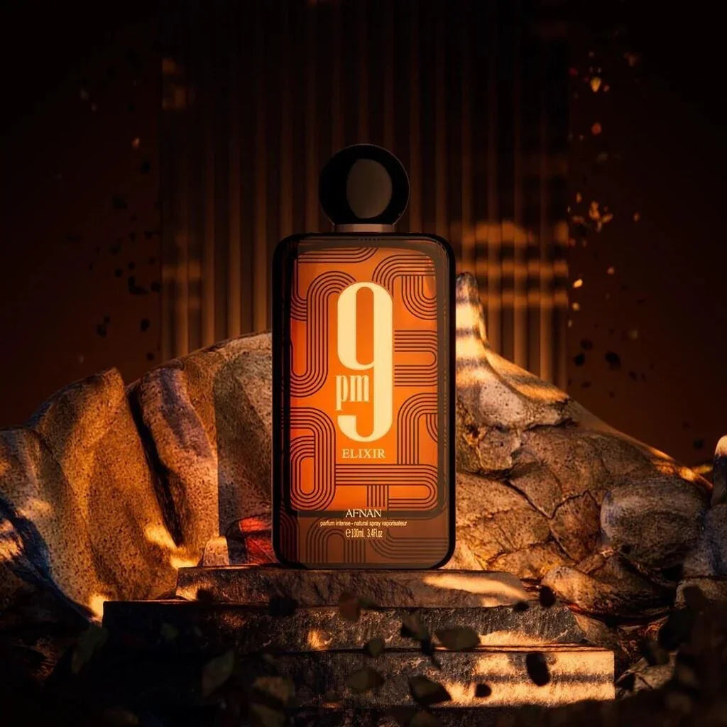 Luxusparfum 9pm Elixir Flakon, intensiv, 100ml, auf Steinen, edles Design, stimmungsvolles Licht