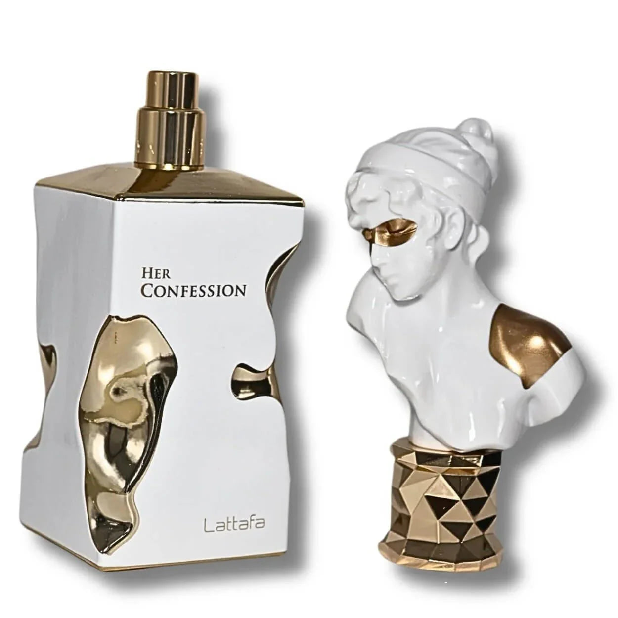 Edles Damenparfum Her Confession, 100 ml, weißes Flakon mit goldenen Akzenten, geöffnet