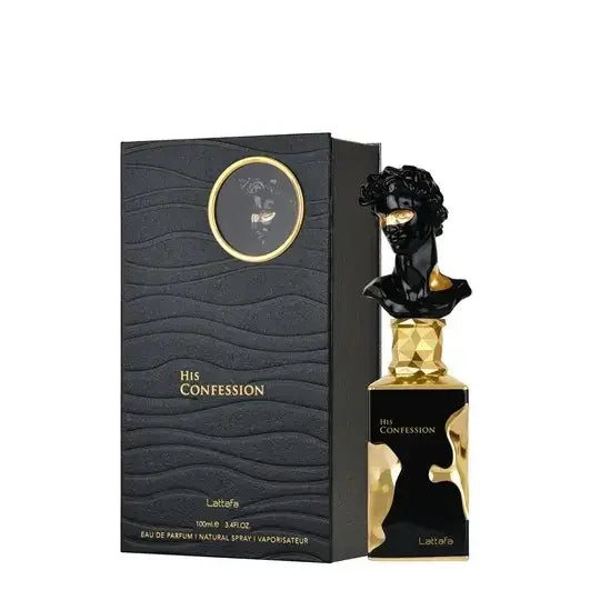 Luxuriöses Parfümflakon His Confession neben eleganter schwarzer Geschenkbox, 100 ml