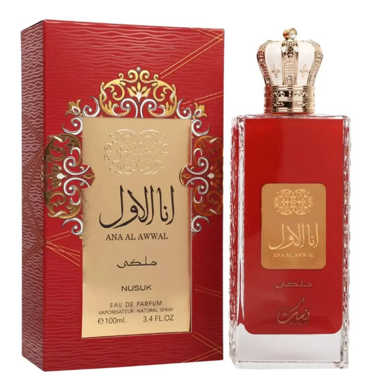 Luxusparfum Ana Al Awwal von Nusuk, rote Flasche mit goldener Krone und passender Verpackung