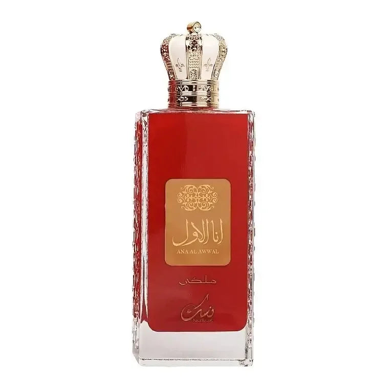 Luxus Parfumflakon in Rot mit goldener Krone und arabischer Aufschrift für Damen, Herren, Unisex